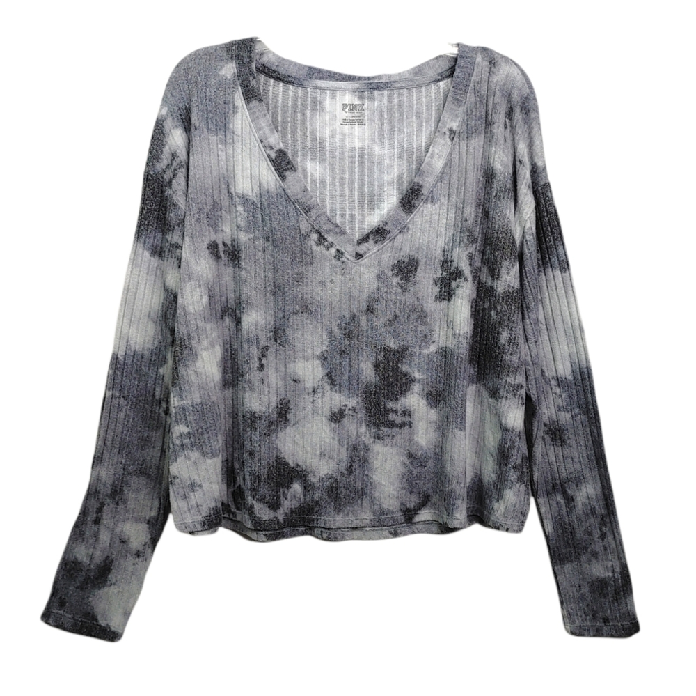 PINK VS Gray Tie Dye V Neck Ribbed Knit Cropped Top Women's Size Large L